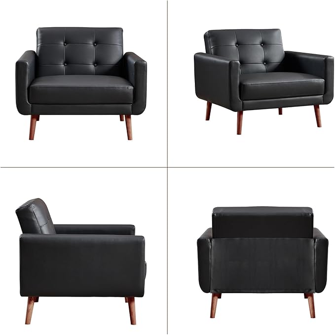 CANMOV 29 W Oversized Leather Accent Chair Armchair Button Back Mid Century Modern Accent Chairs for Living Room Modern Upholstered Bed Room Chair Cozy Armchair with Wood Legs Black