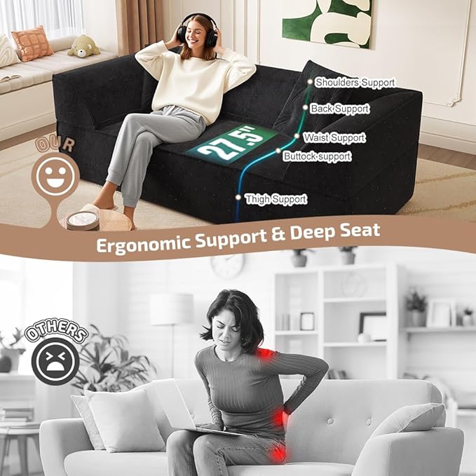 3-in-1 Convertible Folding Sofa Bed 79.5 Queen Size Sleeper Curved Couch Modern Deep Seat Fluffy Couch with 2 Pillows 3-Seater Sofa Sparkling Chenille Fabric Sofa (A-Black 3 Seat)