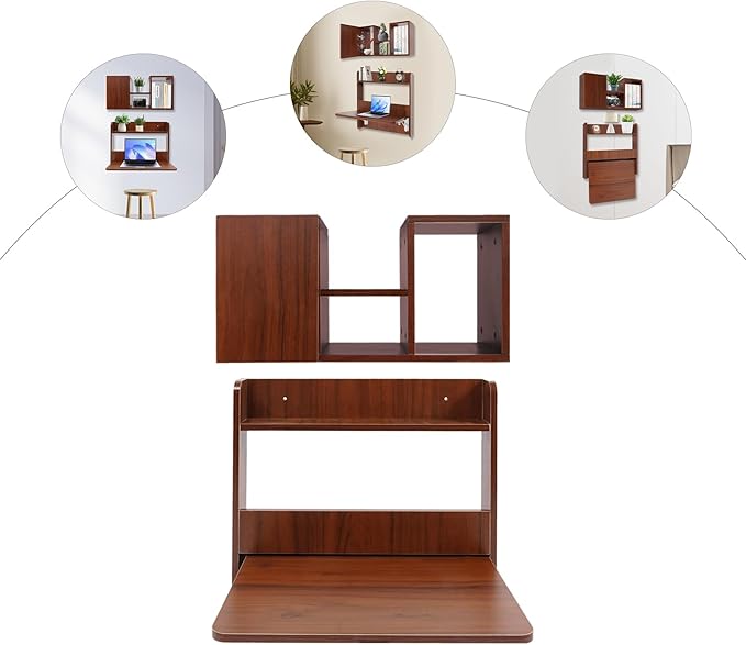 LOYALHEARTDY Wall-Mounted Computer Desk Floating Office Desk with Foldable Tabletop Fold-Up Desktop Writing Desks with Shelves &amp Storage for Home Office and Study Small Spaces (Walnut)