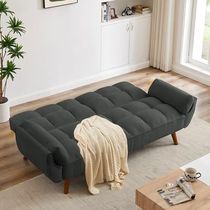 Convertible Futon Sofa Bed Modern Futon Couch with 2 Pillows Small Futons Couch with Adjustable Armrest &amp Backrest Loveseat Sofa Bed for Living Room Bedroom Black