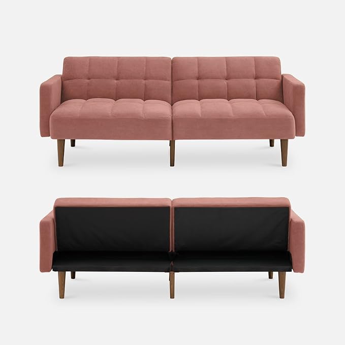 mopio Aaron 76.8 Couch Small Futon Sofa Bed Sleeper Loveseat Mid Century Modern Futon Couch Sofa Cama Couches for Living Room Bedroom (Old Rosa Velvet)