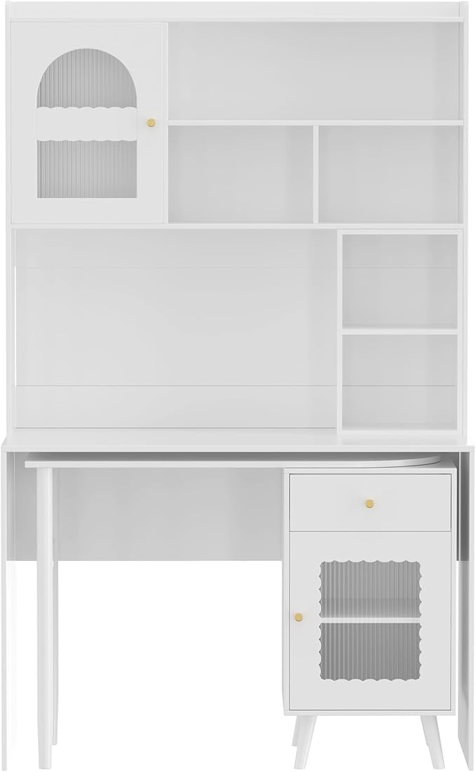 L Shaped Home Office Desks with 90° Rotating Retractable Desktop Glass Door Hutch Drawers Bookshelf &amp Storage Shelves 43 Modern Gaming Computer Corner Table for Work Study Writing White