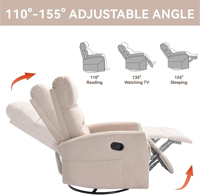 KEIKI Swivel Rocker Recliner Chair with Adjustable Backrest &amp Pockets Ergonomic Lounge Sofa Chair for Living Room Bedroom Beige