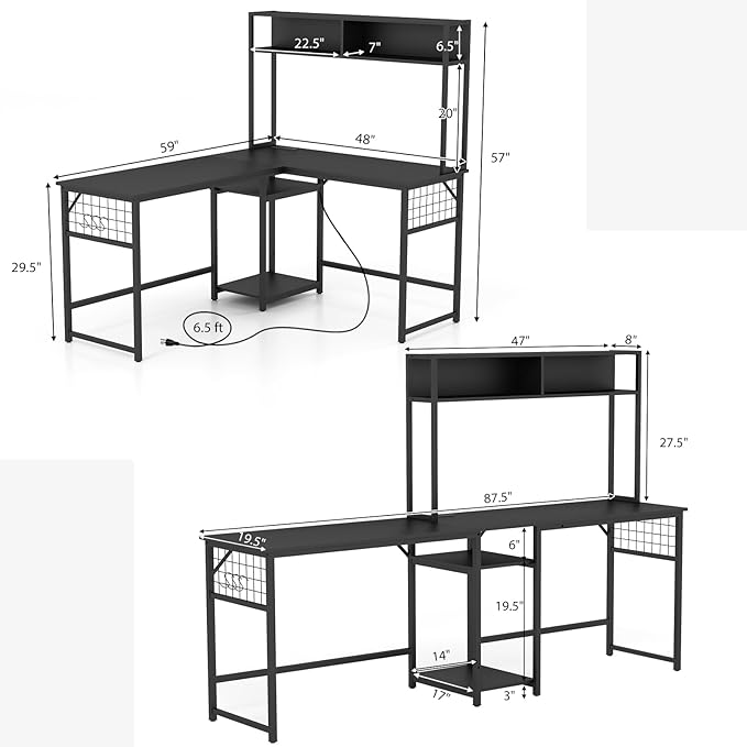 Tangkula L-Shaped Desk with Power Outlet Large Corner Desk Converts to 2-Person Long Desk with Hutch Computer Gaming Desk with CPU Stand &amp 3 Removable Hooks for Home Office (Black)