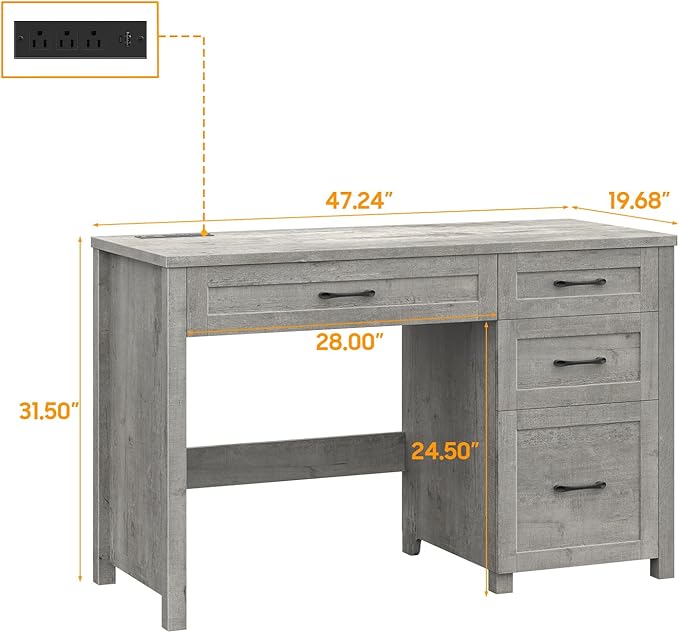 Vabches Farmhouse 47 Executive Desk with 4 Drawers Computer Desk with File Drawer and Charging Station Workstation for Home Office Study.（Grey）