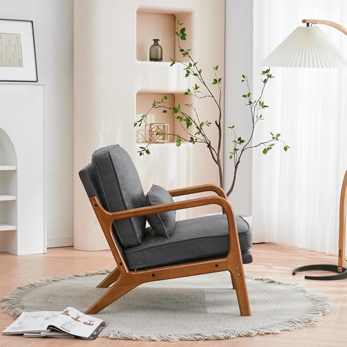 Accent Chair with Lumbar PillowUpholstered Armchair with Solid Wood FrameLinen Fabric Reading Chair with Oak ArmrestLounge Chair for Living Room Bedroom Apartment