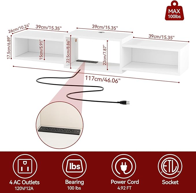 IBUYKE Floating TV Stand Wall Mounted with Power OutletModern Wood Wall Mounted Media Console ShelfFloating Entertainment Center for Under TV Storage for Living Room Bedroom OfficeWhite WST001W