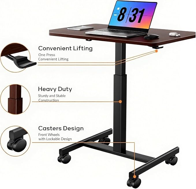 Mobile Standing DeskSmall Rolling DeskHeight Adjustable Rolling Cart with Lockable Wheels for Home Office Computer Workstationwith Hook Dark Walnut