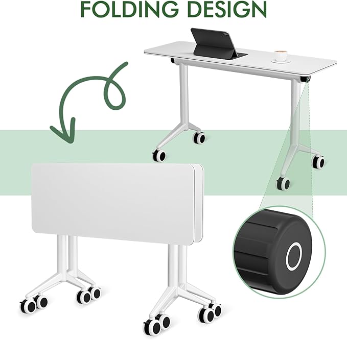 Folding Home Office Desk with Locking Wheels | Mobile Flip Top Computer Table | Space Saving Design for Small Spaces Apartments &amp Studios (47IN)