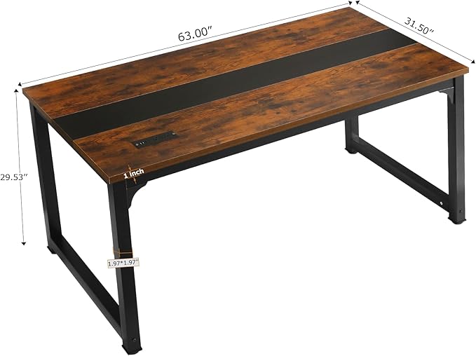 Large Computer Desk - 63 Inch Home Office Desks Study Student Writing Table Gaming Desk Wood Modern Simple Table with USB Ports Rustic + Black