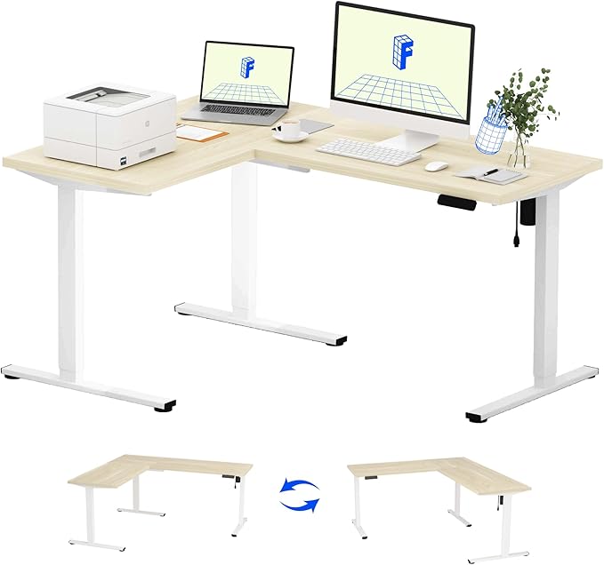 FLEXISPOT L Shaped Standing Desk 63 x 47 Inch Electric Height Adjustable Corner Desk Sit Stand Computer Workstation Preset Controller Home Office White Frame with Maple Top