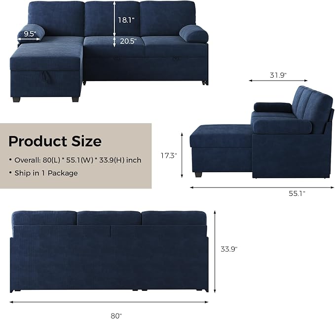 80 inch Convertible Sectional Sofa L-Shaped Sofa Sleeper with Reversible ChaiseCouch Bed with StorageRemovable ArmrestModern Pull Out Bed for Living Room BedroomCorduroy Blue