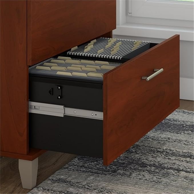 Pemberly Row Lateral File Cabinet 2 Drawer Hansen Cherry Finish Engineered Wood Construction Full-Extension Ball Bearing Slides Tapered Leg Accents Office Storage for Letter or Legal Files