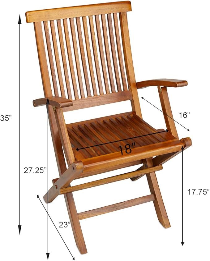 TeakCraft Teak Folding Arm Chair - 2 Piece Foldable Chairs Set - Fully Assembled - Solid Wooden Outdoor Indoor- Wood Dining Room Kitchen Patio Bistro Chairs The Mille