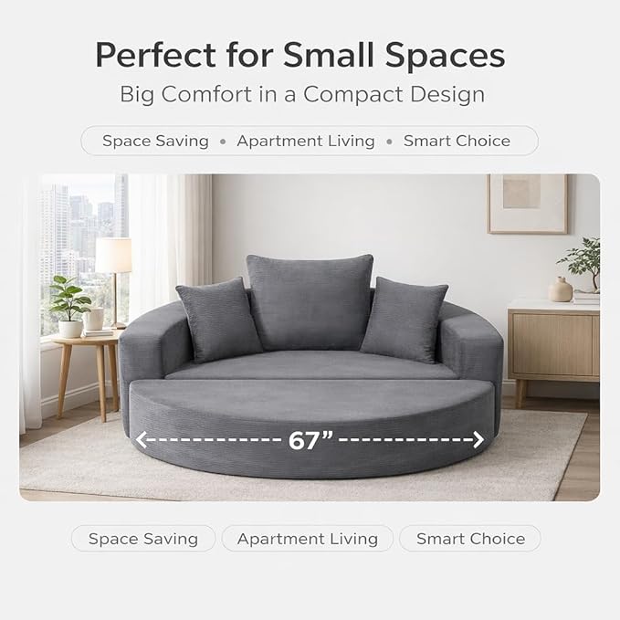 Convertible Round Sofa Bed 67 Corduroy Upholstered Loveseat Sleeper Couch Pull-Out Floor Bed with 3 Pillows No Assembly 550 lbs Weight Capacity (Gray)