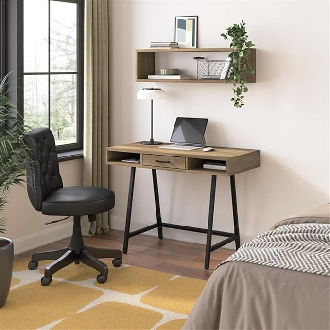 Pemberly Row 40 W Writing Desk Reclaimed Pine Finish Engineered Wood Industrial Style Compact Desk with Storage Box Drawer Open Compartments Powder-Coated Metal Legs for Home Office or Study
