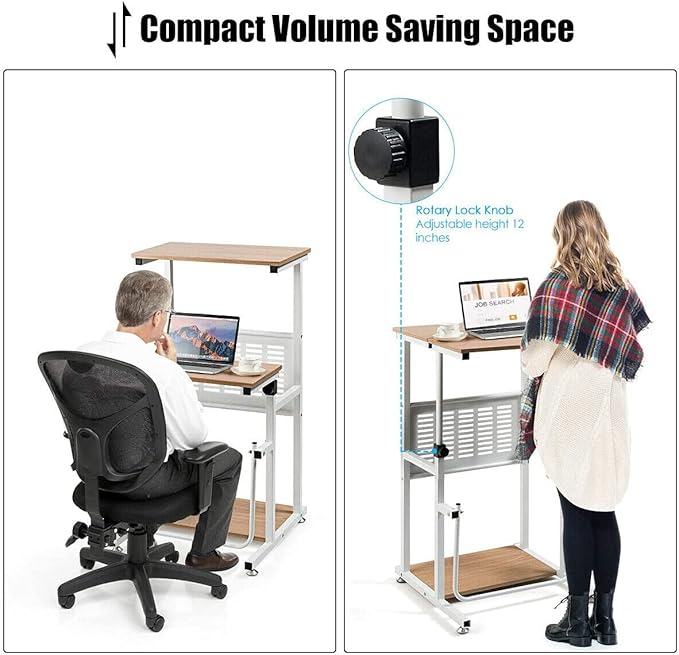 Goplus Topment Height Adjustable Standing Desk Home Office Writing Workstation with U-Shaped Footrest Sturdy Steel Frame Adjustable Pads Space-Saving Sit Stand Laptop Table with Storage