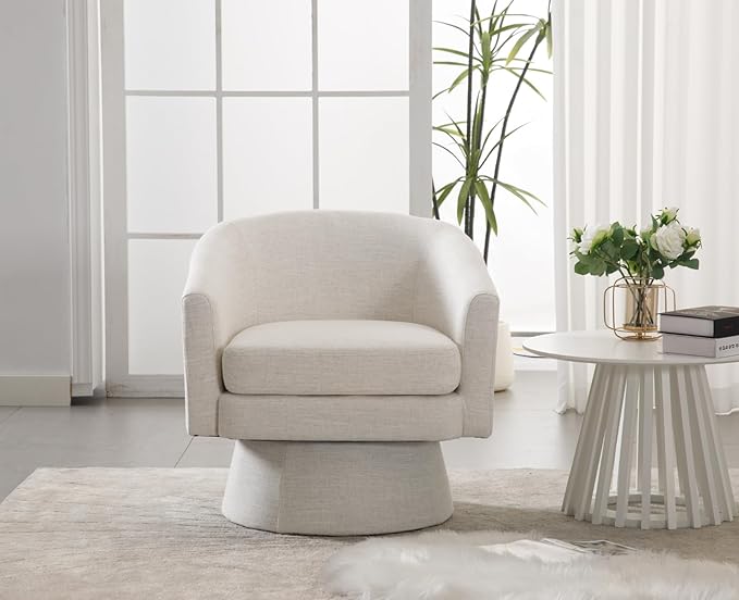 Modern Beige Swivel Accent Chair Set of 2 Upholstered Linen Barrel Chair Boucle Vanity Reading Chair Cozy Round Single Sofa Arm Chair Club Side Chairs for Bedroom/Waiting/Living Room