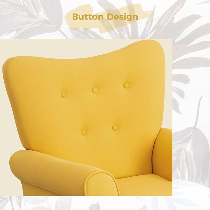MELLCOM Mid Century Wingback Arm ChairModern Upholstered Fabric High Back Accent Chair with Wood LegsUpholstered Single Sofa Club Chair for Living Room Bedroom Home Office Yellow