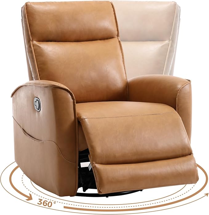 CANMOV Leather Recliner Chair Swivel Rocker Recliner Chair 360°Swivel Nursery Glider Recliner Manual Recliner for Small SpacesLiving RoomBedroomBrown