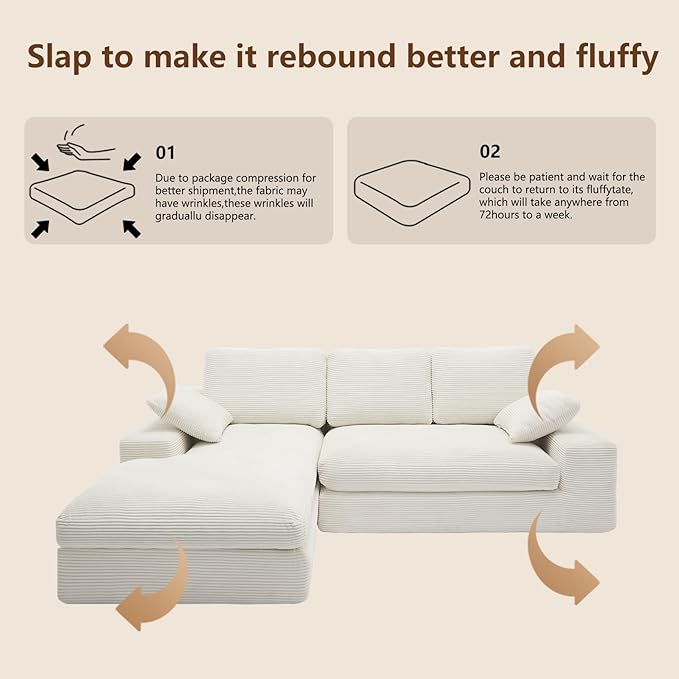 98.4 Cloud Modular Sectional Couch with ChaiseL-Shaped Modern Upholstered Sofa with Deep SeatCorduroy Sectional Couches for Living Room and BedroomNo Assembly Required(Beige)
