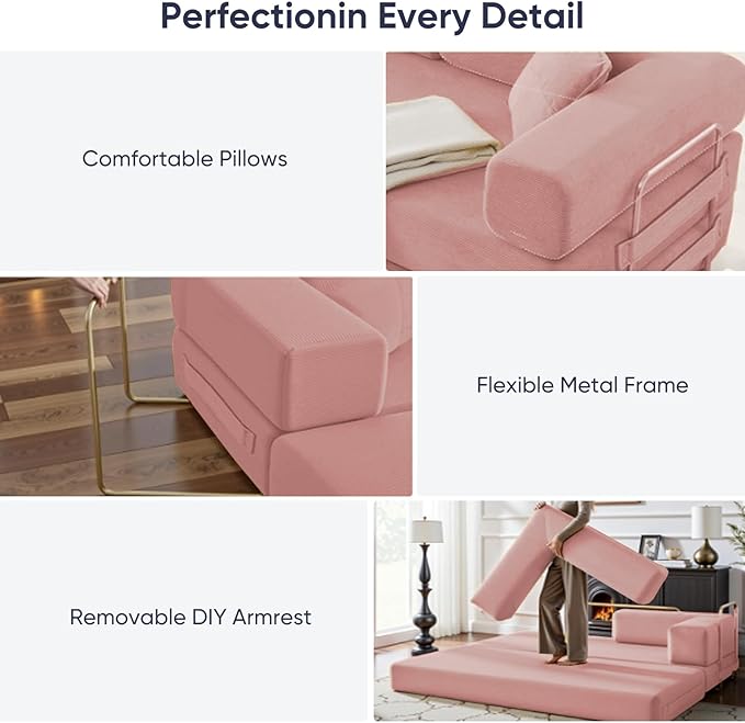 ijuicy 4-in-1 King Convertible Floor Sofa Bed w/ 2 PillowModular Sleeper Sofa/Folding Futon Couch Bed w/Cylindrical Backrest and Fixed FrameLounge CouchCorduroy Compression Sofas for Home-Pink