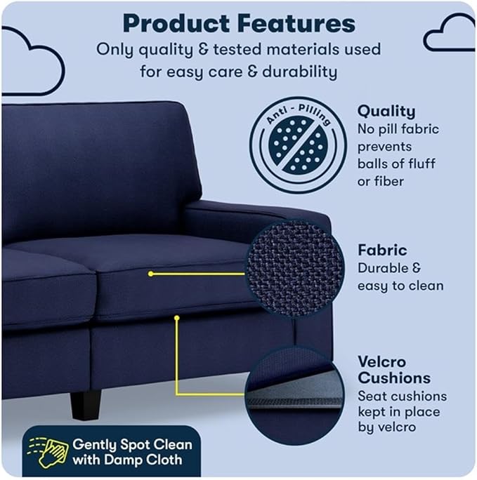 Pemberly Row 73 Track Arm Sofa Navy Blue Upholstery Removable Covers Space-Saving Design Solid Wood Frame Semi-Plush Pocket Coil Cushions Modern Classic Living Room Furniture