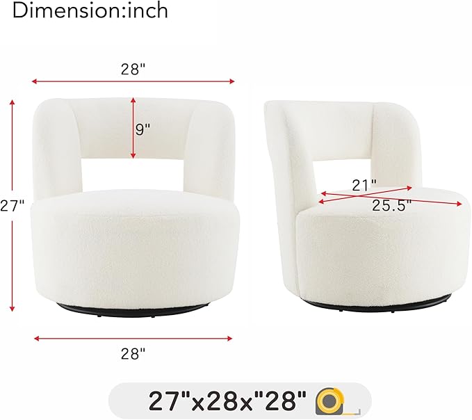 Swivel Accent Chair 360° Swivel Comfy Upholstered Seat for Living Room Bedroom Office Swivel Barrel Chair in Soft Teddy Fabric for Makeup Vanity &amp Waiting Room(White)