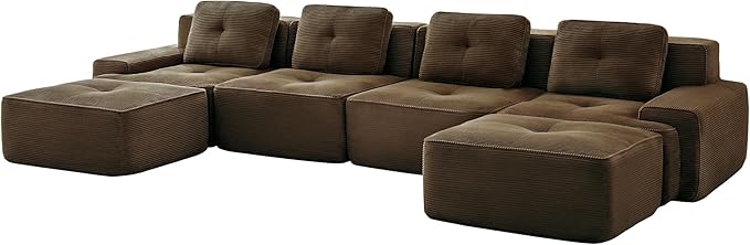 Hommoo 153 Oversized Sectional Sofa Modular U Shaped Couch with Ottoman Comfy Corduroy Couches with Deep Seat 6 Seat Convertible Boneless Sofa for Living Room No Assembly Required Brown