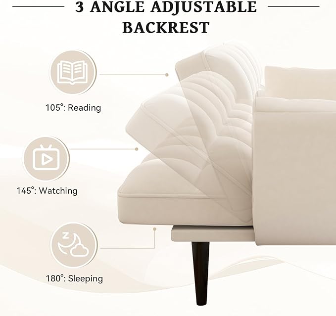 KINFFICT 57 inch Beige Futon Sofa Couch Bed Comfy Velvet Upholstered Loveseat Convertible Sleeper Sofa cama with Adjustable Backrest Mid Century Modern Sofas for Living Room Bedroom Small Space