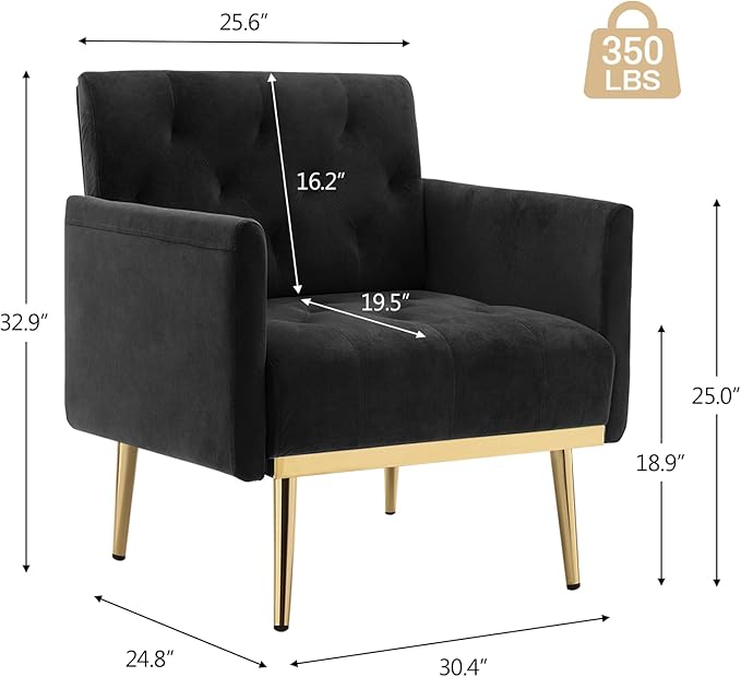 Black Velvet Accent Chairs Set of 2 Comfy Button Tufted Armchair Upholstered Arm Chair Single Sofa Reading Chairs with Arms and Gold Metal Leg for Living Room Bedroom Nursery Office