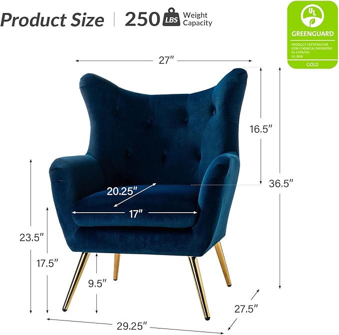HULALA HOME Velvet Accent Chair Set of 2 Modern Wingback Arm Chair with Metal Gold Legs Velvet Tufted Upholstered Single Sofa Chair (Navy)