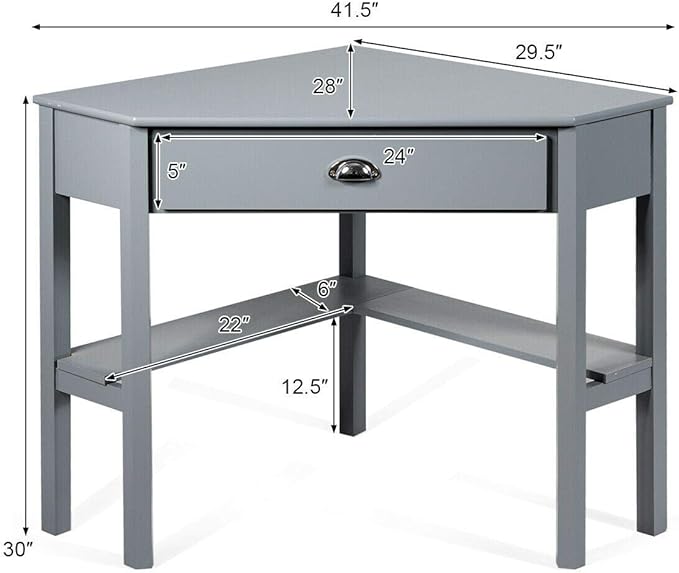 Corner Desk Compact Home Office Corner Desk Organizer90 Degrees Triangle Computer Laptop Writing Table for Small Spaces with Storage Shelf and Drawer (Gray)