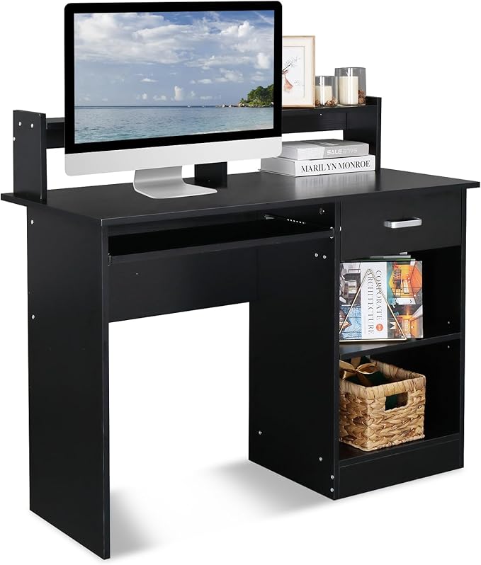 Zimtown MDF Computer Desk with Drawers Office Desk White Desk with Storage for PC Laptop Wood Home Office Desk with Keyboard Tray and Adjustable Shelf Black