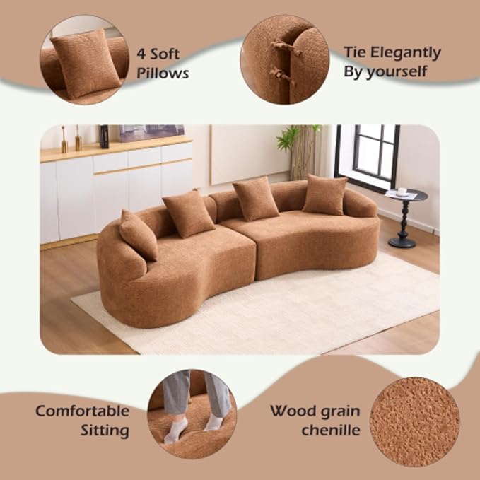 110 Curved Sectional Sofa with 4 SeaterCurved Sofa for Living RoomModern Sectional Couch Boneless SofaWood Grain Chenille Fabric No Installation Requirement
