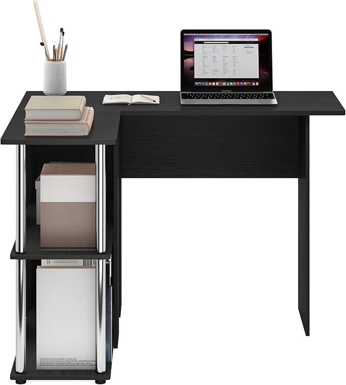 Furinno Abbott L-Shape Desk with Bookshelf Americano/Chrome