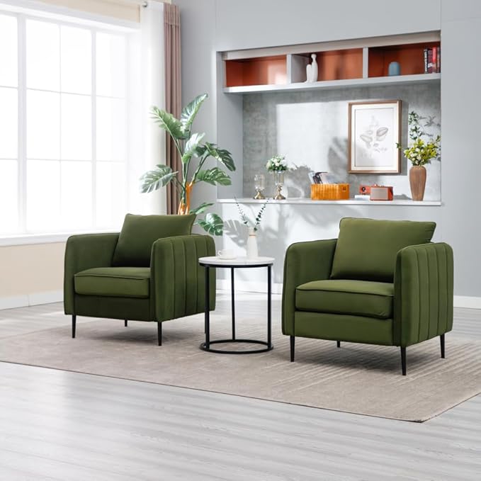 Velvet Accent Chair Mid-Century Modern Armchair with Metal Legs Single Sofa Chair for Living Room Bedroom Office Reading Includes Pillow (Green + Steel + Velvet + Wood + 1 Seat + Foam)