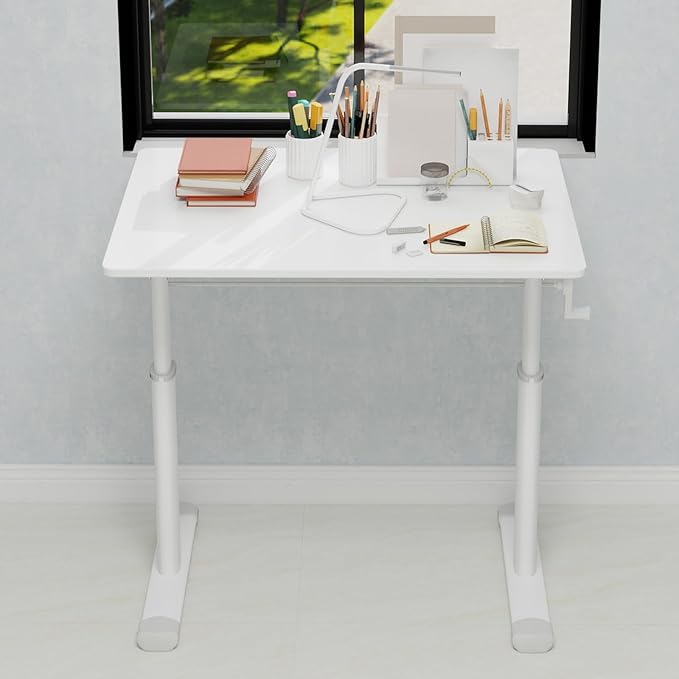 Adjustable Study Desk Hand-Crank Height Adjustable Sit-to-Stand Desk 60 x 80 cm Compact White Frame White Top Double-Column Stable Workstation for Home Office Study