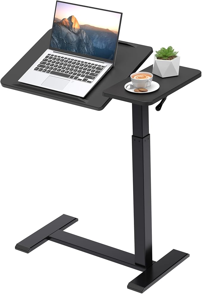 Adjustable Overbed Bedside Table with Hidden Wheels Pneumatic Tilt Board Rolling Laptop Standing Desk Cart Mobile Over Bed Sofa Chair Side End Tables Walnut (Black)