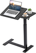 Adjustable Overbed Bedside Table with Hidden Wheels Pneumatic Tilt Board Rolling Laptop Standing Desk Cart Mobile Over Bed Sofa Chair Side End Tables Walnut (Black)