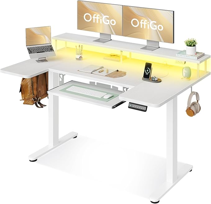 OffiGo U Shaped Electric Standing Desk with Keyboard Tray 55 Inch Height Adjustable Desk with Power Outlets &amp LED Lights Sit Stand Table with Monitor Stand for Home Office White