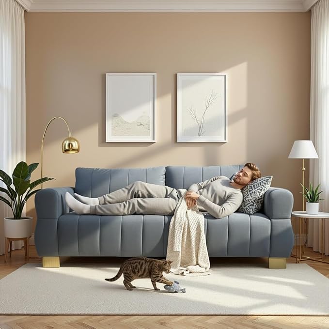 KEIKI 87 Oversized Velvet Cloud Comfy Sofa with Vertical Striped Backrest Cushion Upholstered 3-Seater Fluffy with Golden Metal Legs Easy Assembly for Office Apartment Living Room Grey