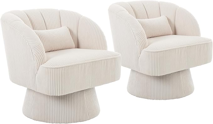 GarveeHome Modern Swivel Barrel Accent Chair 360° Velvet Upholstered Armchair with Striped Backrest &amp Plush Padding Comfy Round Lounge Chair (2 Beige + Corduroy)