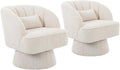 GarveeHome Modern Swivel Barrel Accent Chair 360° Velvet Upholstered Armchair with Striped Backrest &amp Plush Padding Comfy Round Lounge Chair (2 Beige + Corduroy)