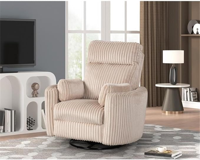 Pemberly Row Modern Large Corduroy Fabric Swivel Recliner Upholstered Seating Chair with Swivel Reclining Mechanism for Indoor Seating Use Fabric Construction in Ivory Finish