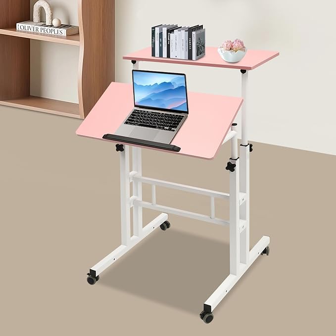 Height Adjustable Table Small Adjustable Standing Desk with Wheels Home Office Workstation Portable Rolling Desk Laptop Cart for Standing or Sitting (Pink)