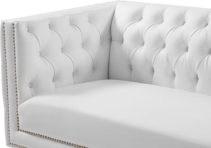 Meridian Furniture 651White-L Michelle Collection Modern | Contemporary Loveseat with Deep Button Tufting Gold Nailhead Trim and Sturdy Gold Iron Legs White Vegan Leather 66 W x 34 D x 30 H
