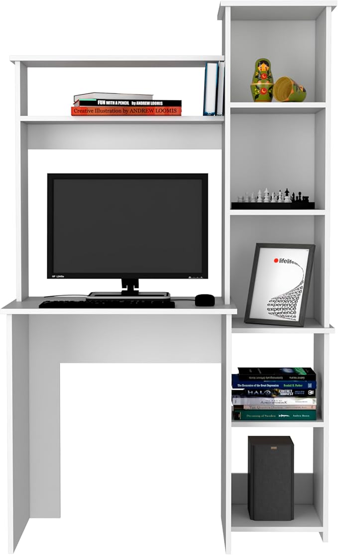 White Desk with 5 Shelves &amp Superior Storage - Modern Home Office Workstation