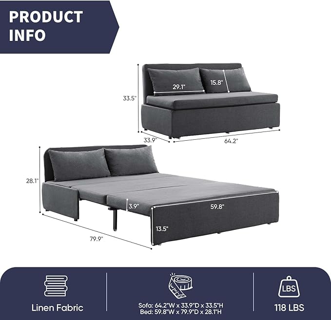 2 in 1 Pull Out Sofa Bed Queen Size Small Convertible Sleeper Sofa Couch Linen Folding Guest Bed with Wheels and Cushions Pillow Futon Sofas Couch Beds for Bedroom Office Lounge - Dark Grey