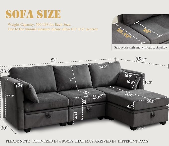 asunflower Modular Sectional Small Couch with Storage Seats 3 Seater Couch with Ottoman Storage L Shaped Sectional Sofa for Small Spaces with Reclining Arms and BacksPillows Included Dark Gray